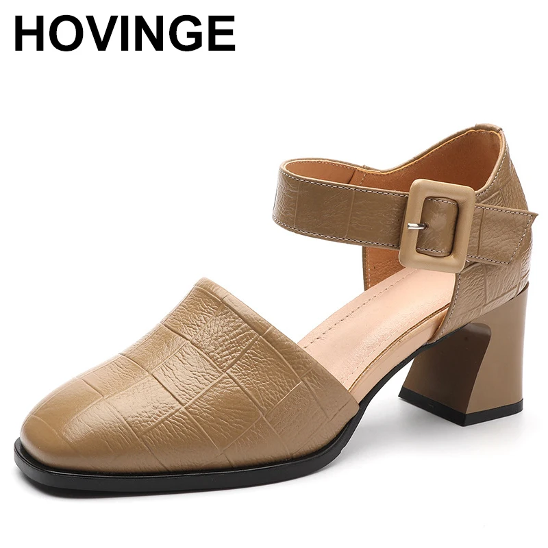 

Fashion Pumps New High Quality True Leather Round Head Hollow Ankle Buckle Strap High Heels Commuter Modern Women's Shoes