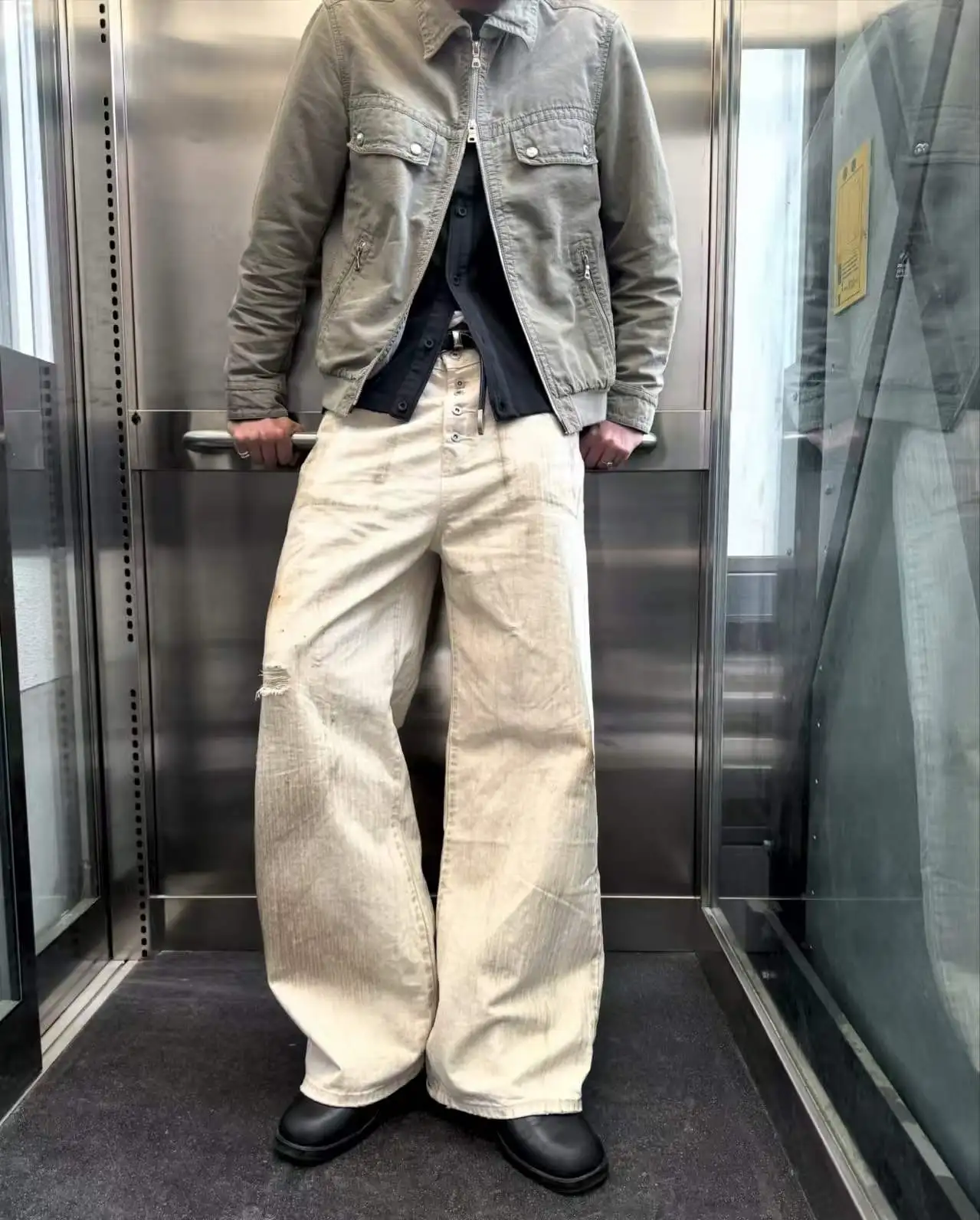Dirty‑Dye Vintage Khaki White Mud‑Wash Splash‑Ink 5‑Button Herringbone Straight‑Leg Denim Cargo Pants