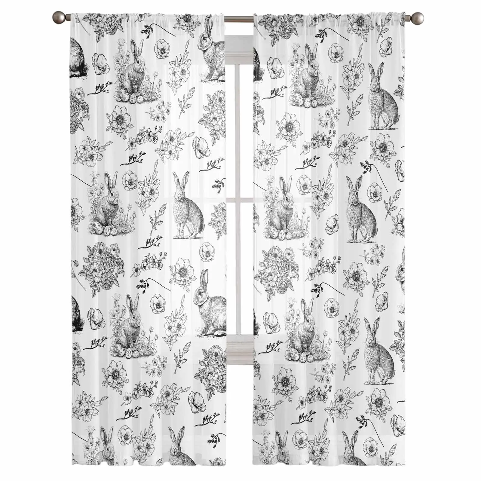 Hand Drawn Rabbit Flower Black And White Voile Curtains for Bedroom Window Tulle Curtain for Living Room Sheer Blinds Drapes