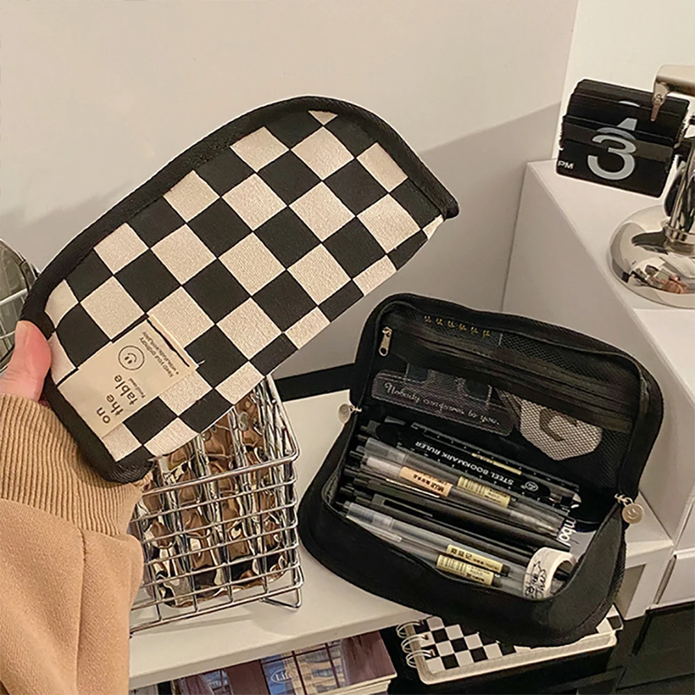 Черно-белая сумка для ручек с шахматным узором, простая модная большая вместительная холщовая сумка для хранения канцелярских принадлежностей для студентов, сумка для ручек