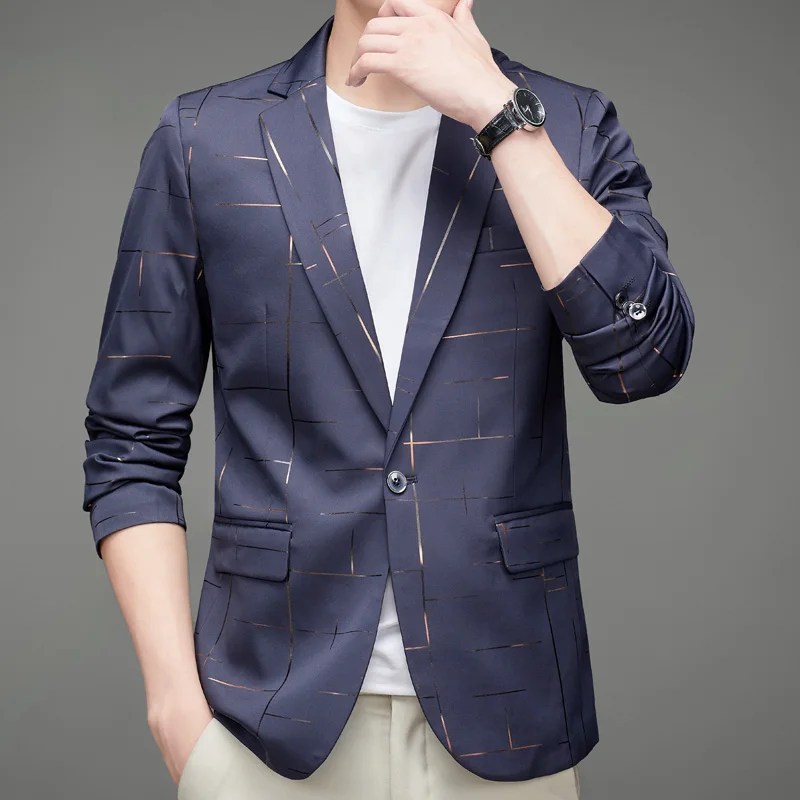 

Новый мужской пиджак с геометрическим узором, деловой повседневный пиджак приталенного кроя, формальная куртка для ежедневной работы, офиса, свадьбы, вечеринки, высококачественная верхняя одежда