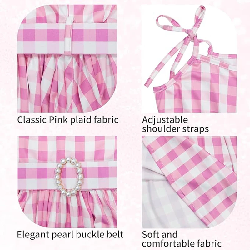 Halloween Costume Girl Pink Plaid	Princess Dress Girls Movies Dress+Bow Clip 2pcs Cosplay Dress Birthday Carnival Party Gowns