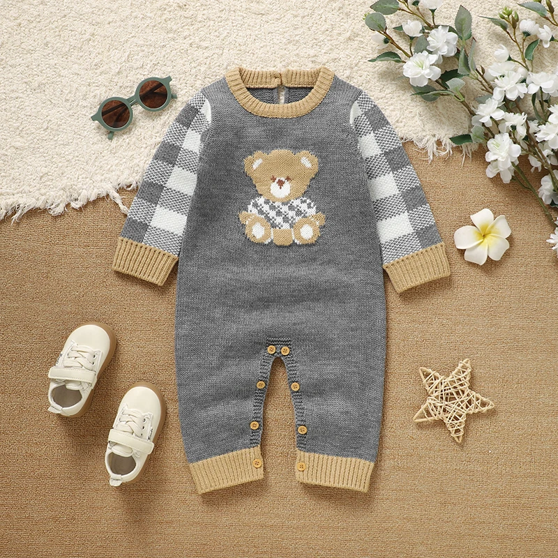 

Autumn Baby Rompers Knit Newborn Girl Infant Boy Jumpsuit 0-18M Cute Cartoon Bear Overalls Playsuit Long Sleeve Warm Kid Clothes
