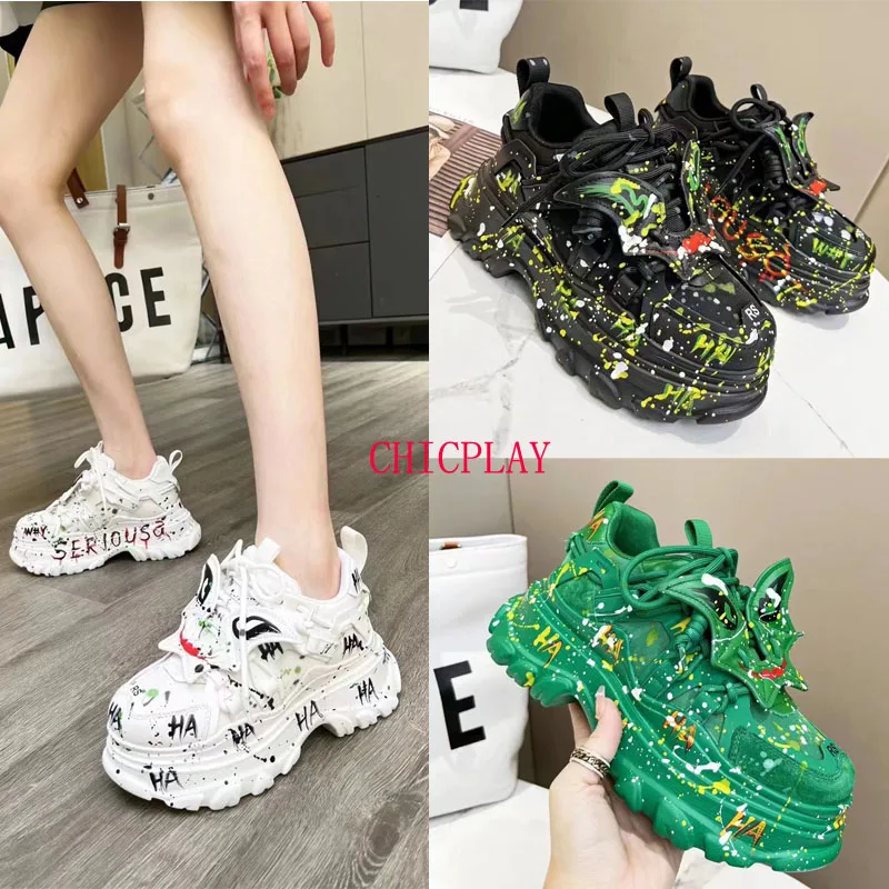 Spring Women Shoes Fashion Genuine Leather Devil Design Thick Soled Casual Chunky Sneakers Graffiti Designer Luxury Brand Autumn