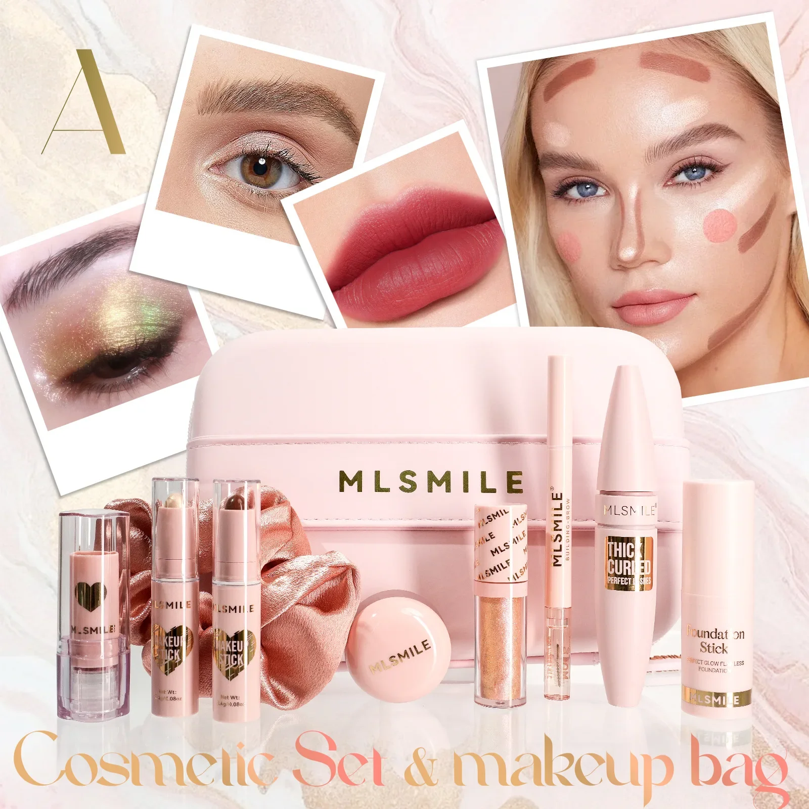MLSMILE Zestaw do makijażu twarzy Kosmetyczka Duży zestaw Świąteczny prezent walentynkowy Pomadka do ust Błyszczyk do ust Tusz do rzęs Róż do powiek Eyeliner Pudełko upominkowe