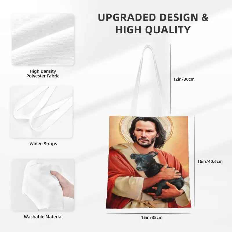 Kawaii พิมพ์ Keanu Reeves ถือลูกสุนัข Shopping Tote Bag Canvas Shopper กระเป๋าสะพาย Saint Meme พระเยซู John Wick กระเป๋าถือ