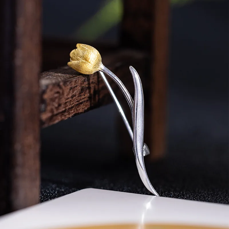 BOCAI S925 Sterling Silver Brooch for Women Vintage Minimalist Gilded Tulip Necktie Pin Corsage Punk Fashion Jewelry Wholesale