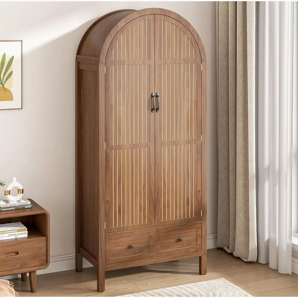 

70.87 Tall Wooden Arched Door Armoires with Drawers, Shelves & Hanging Rod (Walnut)