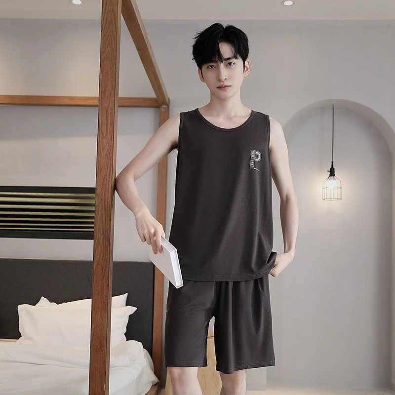 Big Size L-5XL Men Sleepwear Summer knited Cotton Pajama Set Round Neck Casual Vest Pijama