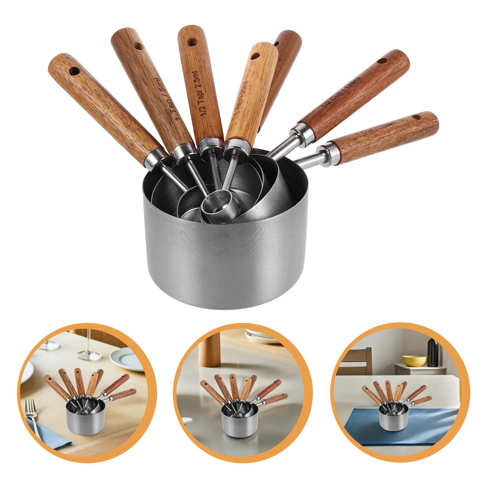 

8Pcs Metal Measuring Scoop Set Kitchen Gadgets with Wood Handle for Baking Cooking Ingredients Precise Measurement Tools Silver