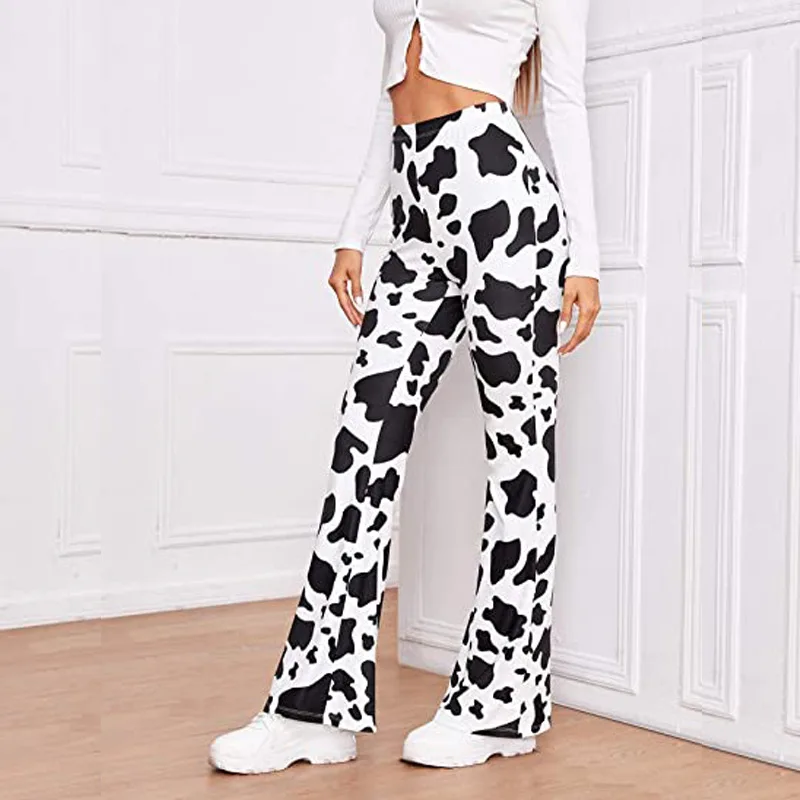 Y2K New Fashion Micro Raglan High Waist Design Horn Bottom Pants Cow Print Thin Material Slim Crop Pants