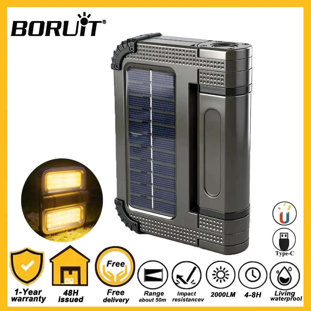 BORUiT Outdoor LED Solar Camping Light Portable 2000LM USB Solar Charging Lanterns Hiking Emergency Waterproof Hanging Lights