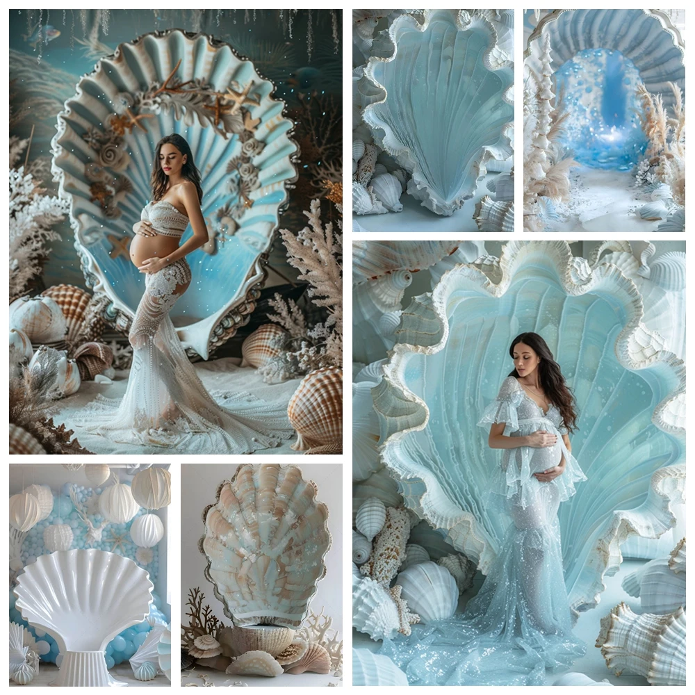 

Pregnant Woman Portrait Underwater Bohemian Photography Background Princess Birthday Party Mermaid Seashell Conch Banner Photo