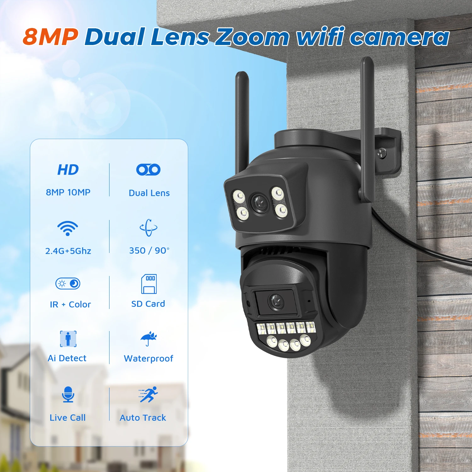 Imagem -03 - Dual Lens Dual Screen Outdoor Câmera Detecção Humana Auto Tracking Onvif Interfone Bidirecional Cctv 8mp 2.4g 5g 4k 10mp