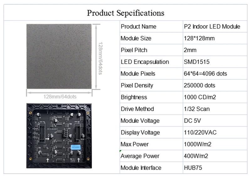 Hot! High Resolution 64x64pixels Small Pitch 2mm P2 Indoor SMD RGB 1/32 Scan128x128mm Full Color Video LED Screen Module