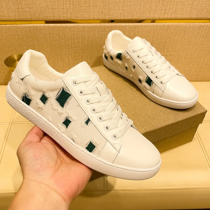 New Shoes for Men Cow Leather Casual Shoes Trend Broken Hole Flat Skateboard Shoes Cool Lace-up Sneaker