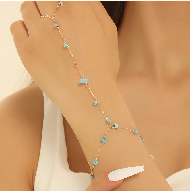 European and American bohemian style blue stone finger wrist chain ring integrated chain fashion design jewelry