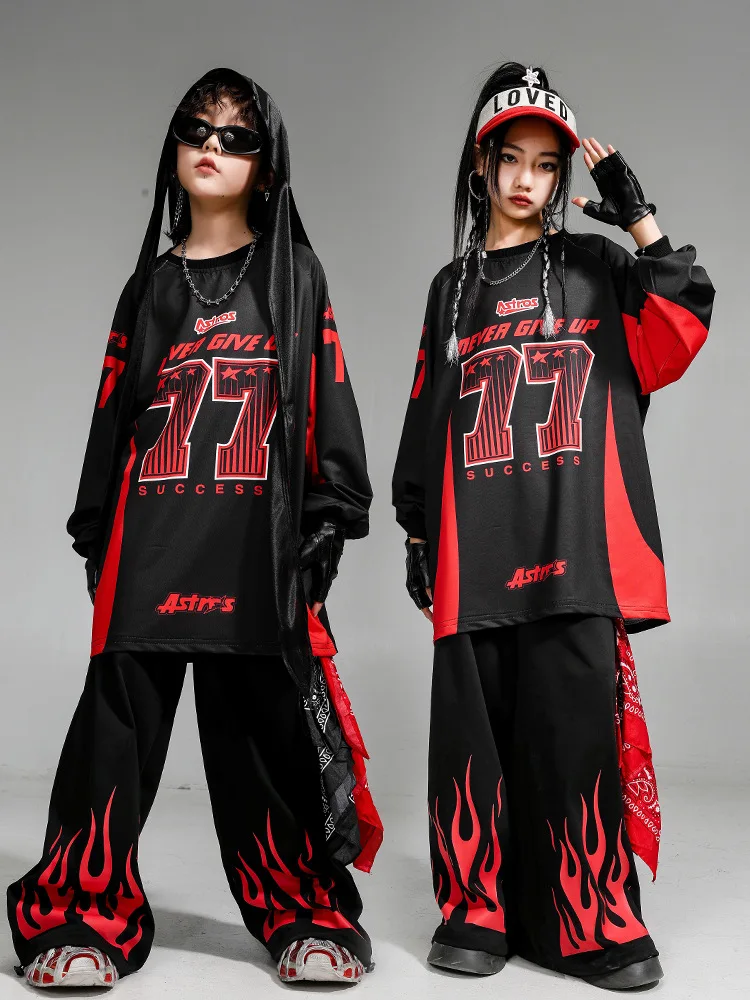 소년 힙합 streetwear 대비 운동복 화재 조깅 바지 소녀 k-pop 스트리트 댄스 의상 어린이 재즈 의류 세트