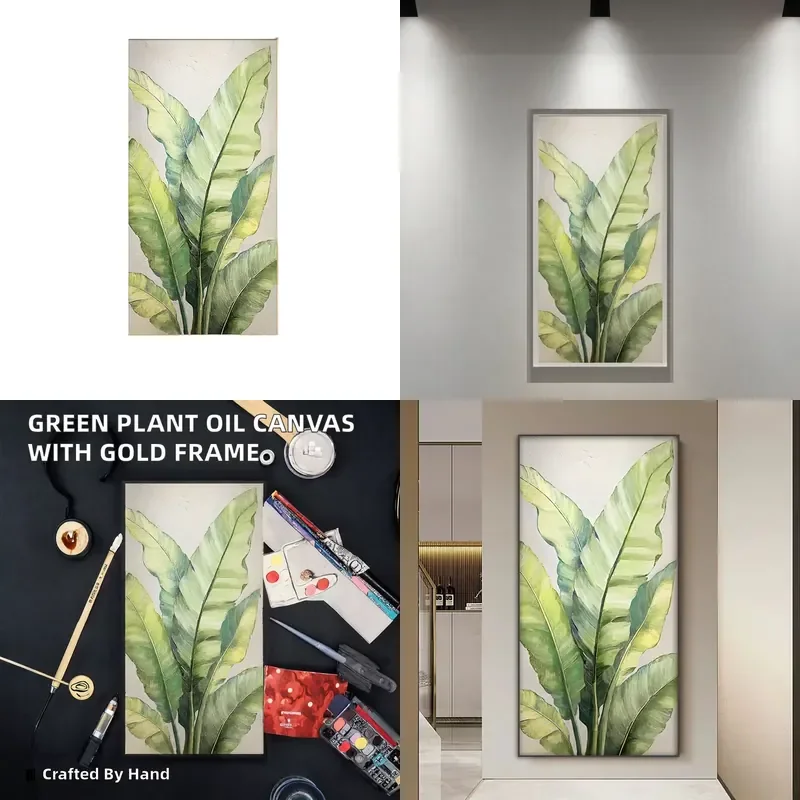 Modern Style Green Plant Still Life Hand-Painted Oil Canvas Wall Art with Easy Hanging Gold Metal Frame