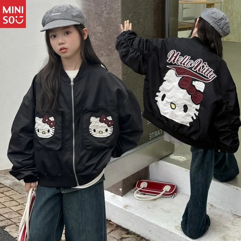 

Miniso 2025 New Girls Hello Kitty Embroidery Baseball Jacket Autumn Loose Fit Cute Casual Fashion Outerwear Coat