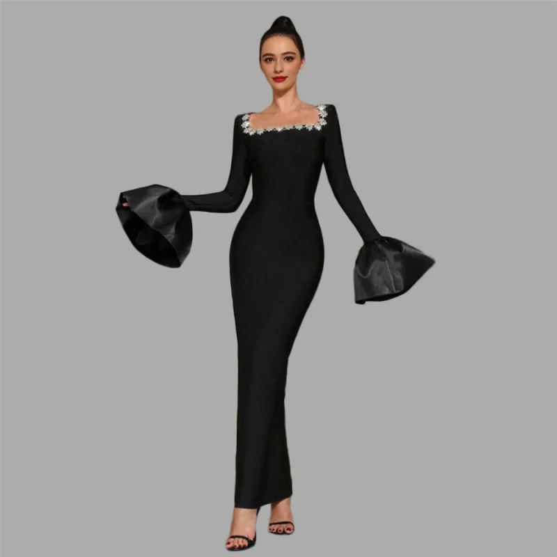 

European and American Socialite Elegant Rhinestone Bell Sleeve Bandage Dress Party Evening Gown Long Dress