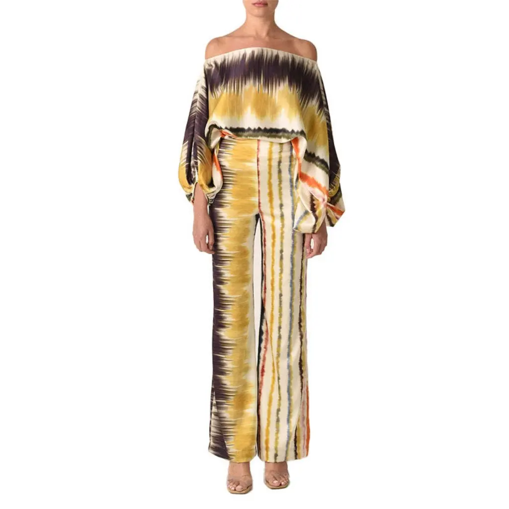 

Весенний женский модный костюм в европейском и американском стиле с принтом и круглым вырезом, свободный комплект с широкими брюками с рукавами «летучая мышь»