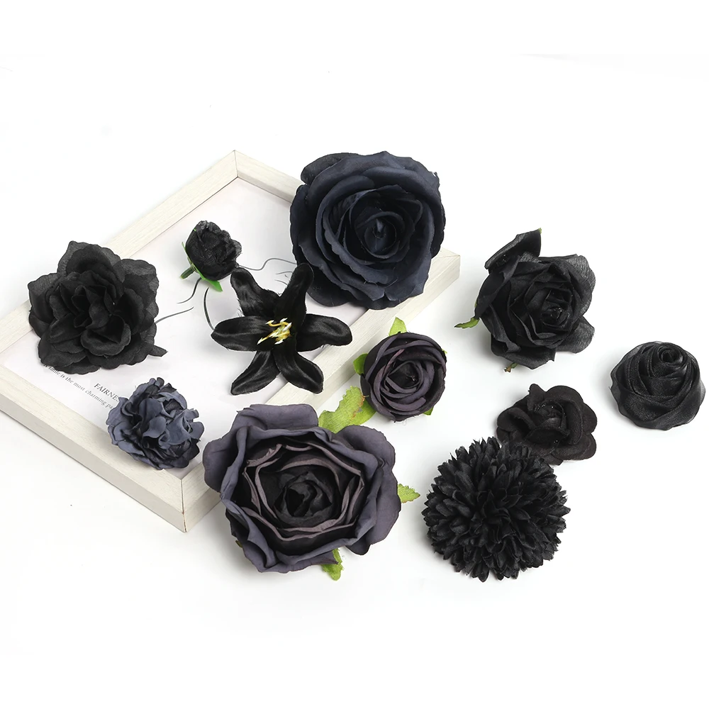 5Pcs Black Artificial Flowers Heads Wedding Decoration Fake Flowers for Home Decor DIY Christmas Wreath Crafts Gift Accessories