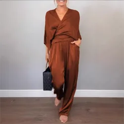 2025 Satin New Fashion Suit Women's Summer Solid Knotted Short Sleeve V-Neck Batwing Sleeve Top Satin Pants Set Two Piece Sets