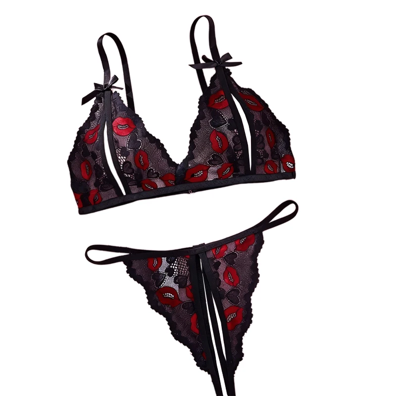

New Sweet Bow Lip Printed Lace Unlined Underwear Bralette Hanging Neck Sexy Lingerie Transparent Open Chest Women Bra Panty Set