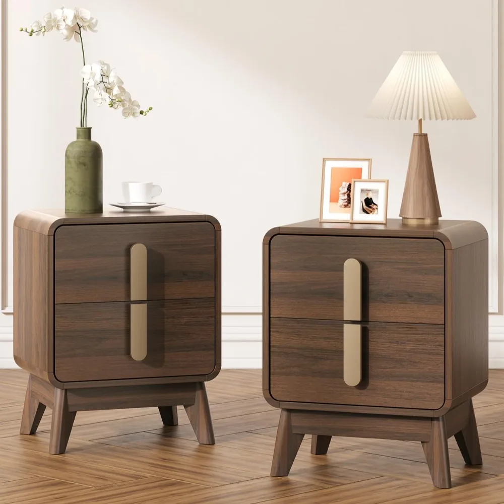 

nightstand set of 2, mid century modern bedside table with drawers & metal handle, curved profile brown end table with storage,