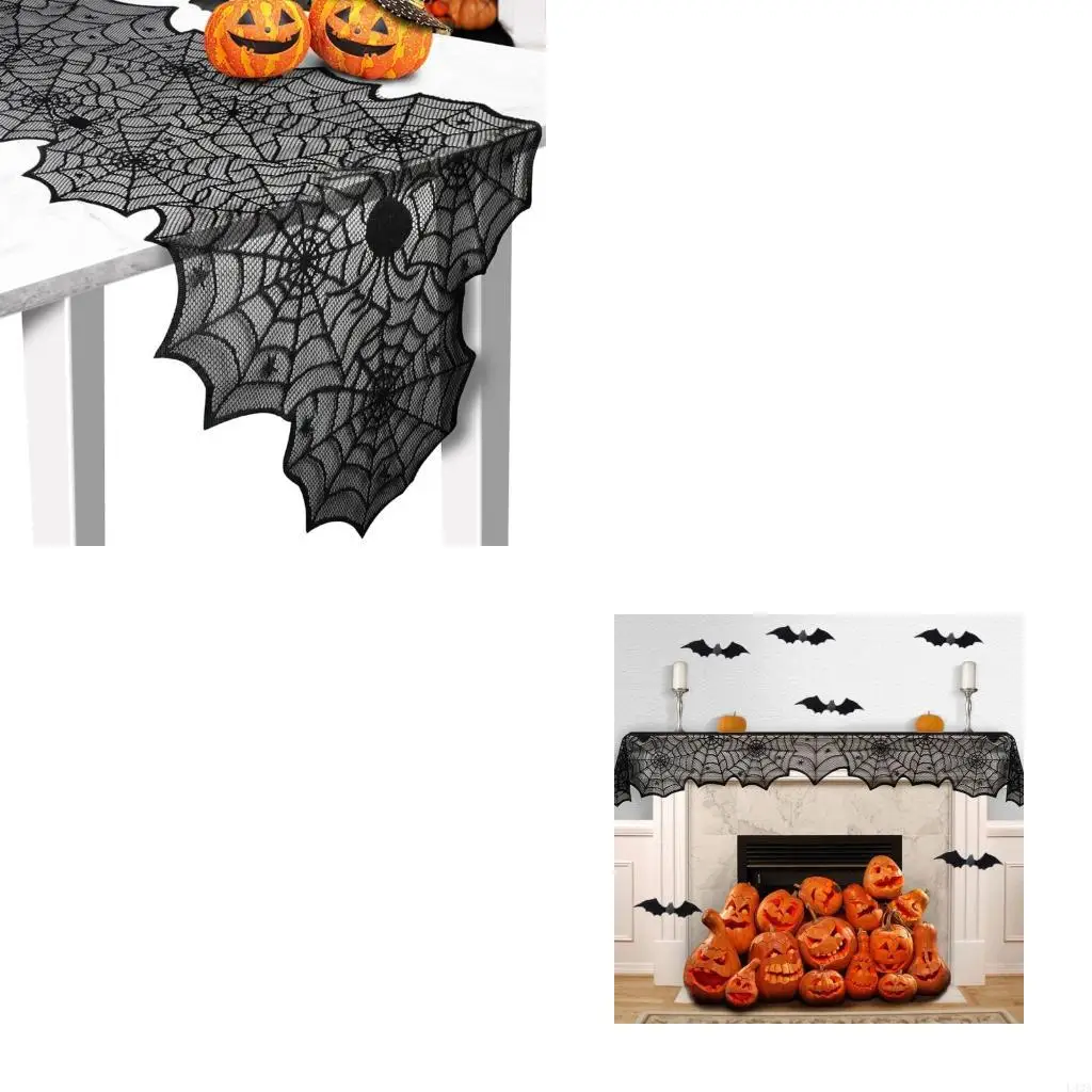 L43A Halloween Dining Table Cover Black Net Pattern Fabric for Party Display Candy Table and Seasonal Table Styling