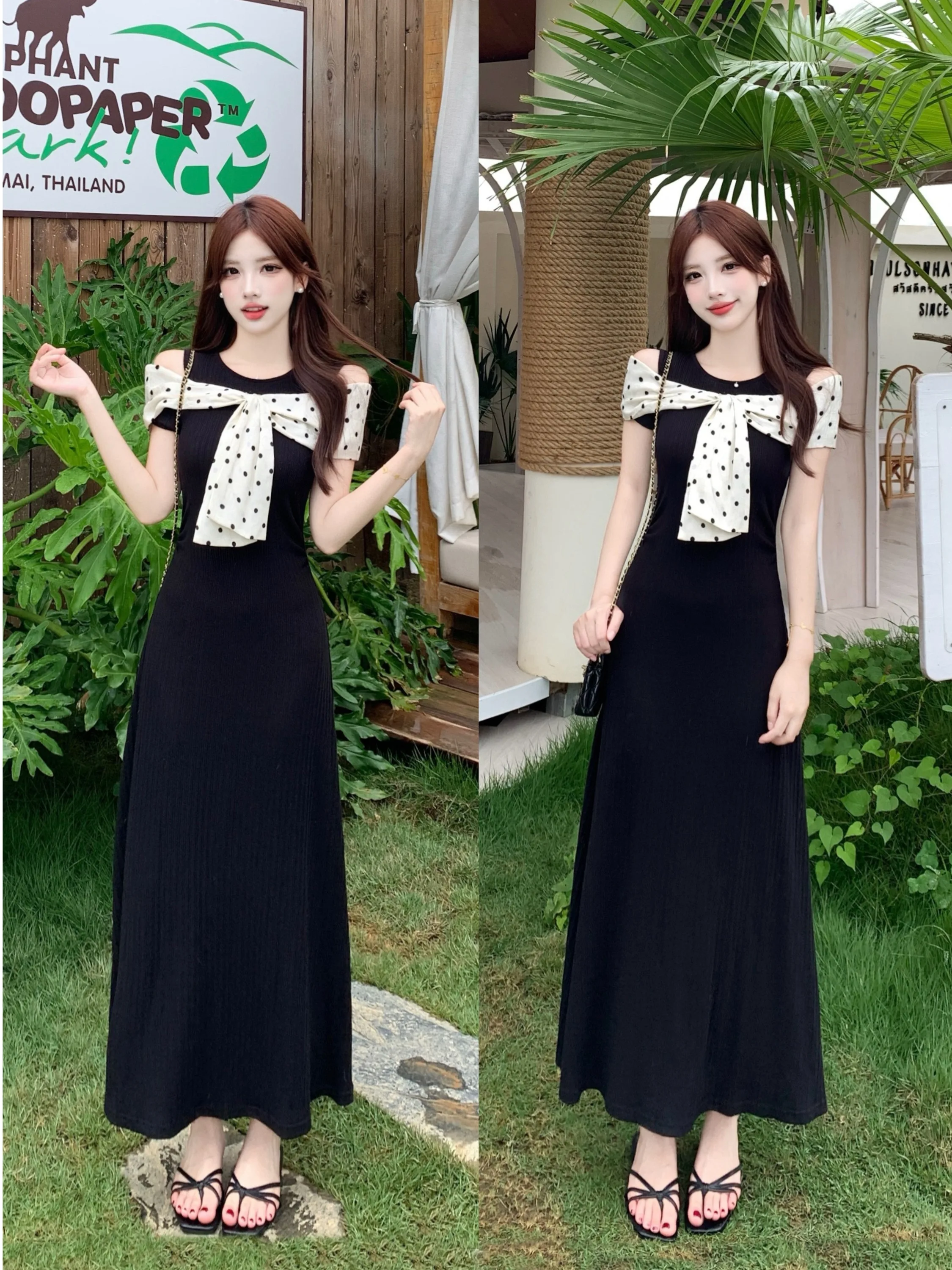 

Sweet Summer Polka Dot Knot Dress Large Size A-Line Shoulder Bared Long Dress Skin-Friendly Breathable City Commute
