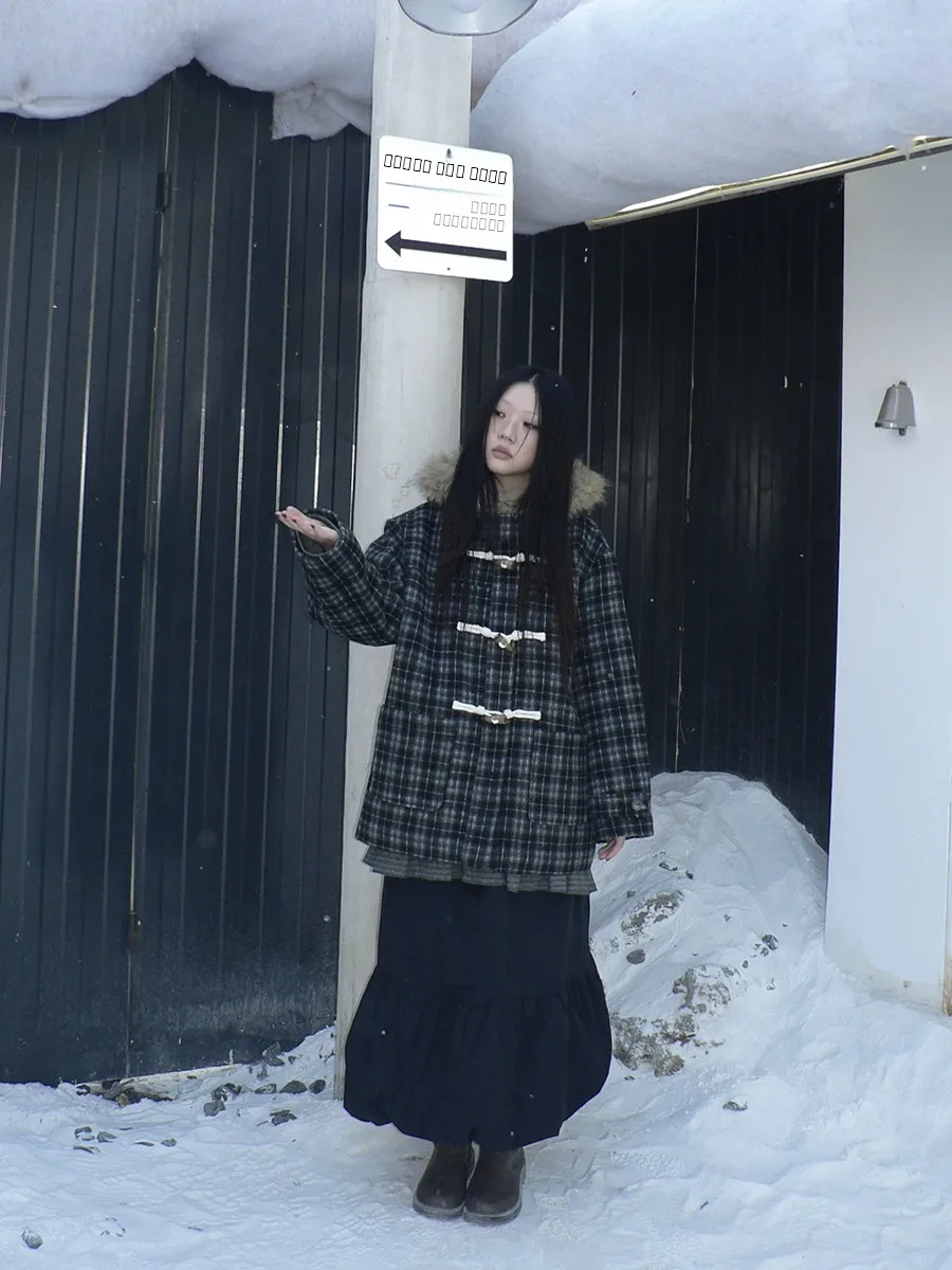 

Angproject Retro Sle Hooded Coat with Fur Collar And Horn Buttons New Autumn Winter Women's Long Sve Woolen Coat Jaet