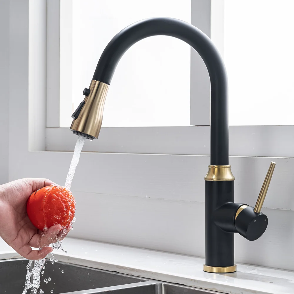 

SUOYINGKitchen pull-out telescopic faucet hot and cold water tank mixing valve black gold kitchen faucet