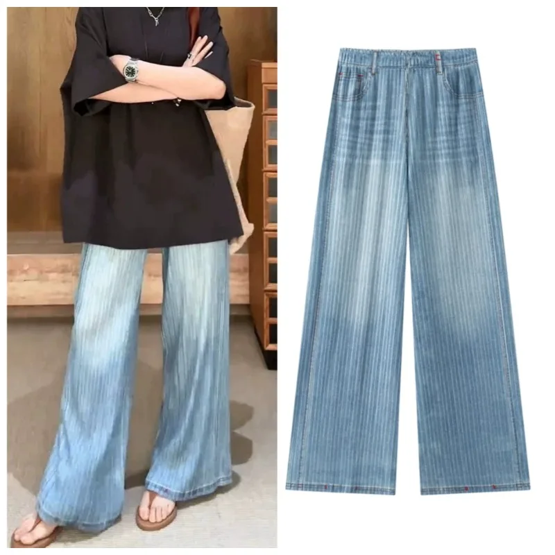 

Miyake Pleated Denim Color Pants Vertical Stripes Fine Glitter Denim Color 2026 Spring Summer New Loose Slim Wide Casual Pants