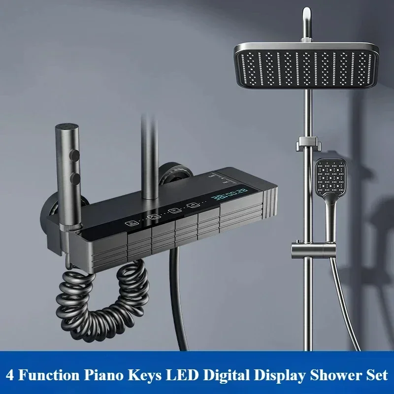 Piano Key 4 Ways Water Outlet Temperature Display Shower System Wall Mount Rainfall Pressurized Shower Faucet Set for Bathroom