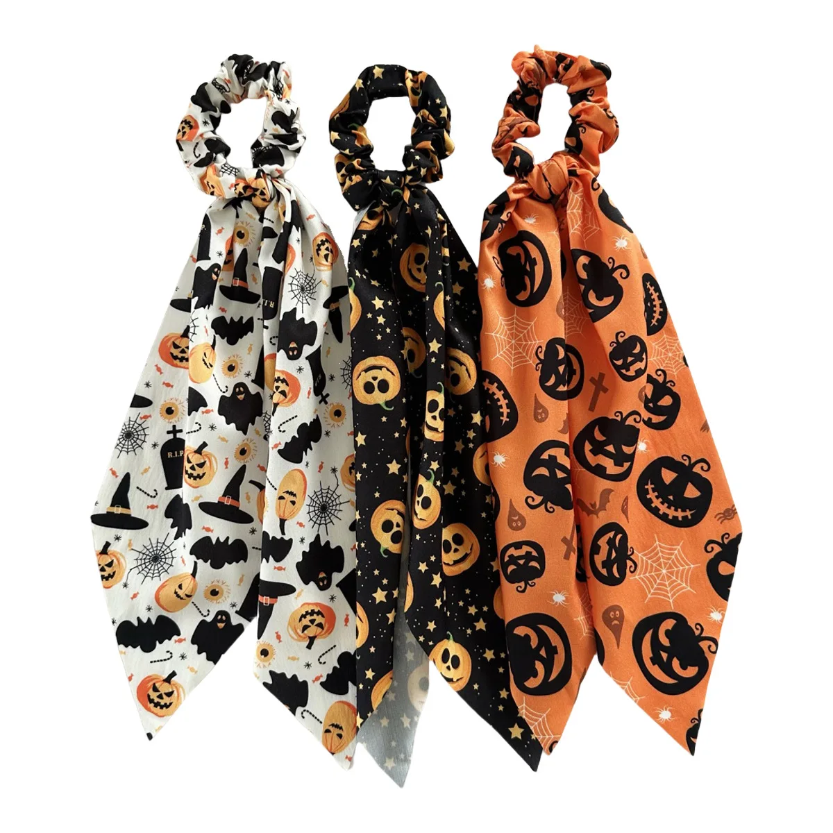 Halloween printed scarf, tight pants, pumpkin bat, spider web pattern, bow, women's long ribbon, holiday hair accessory view 5