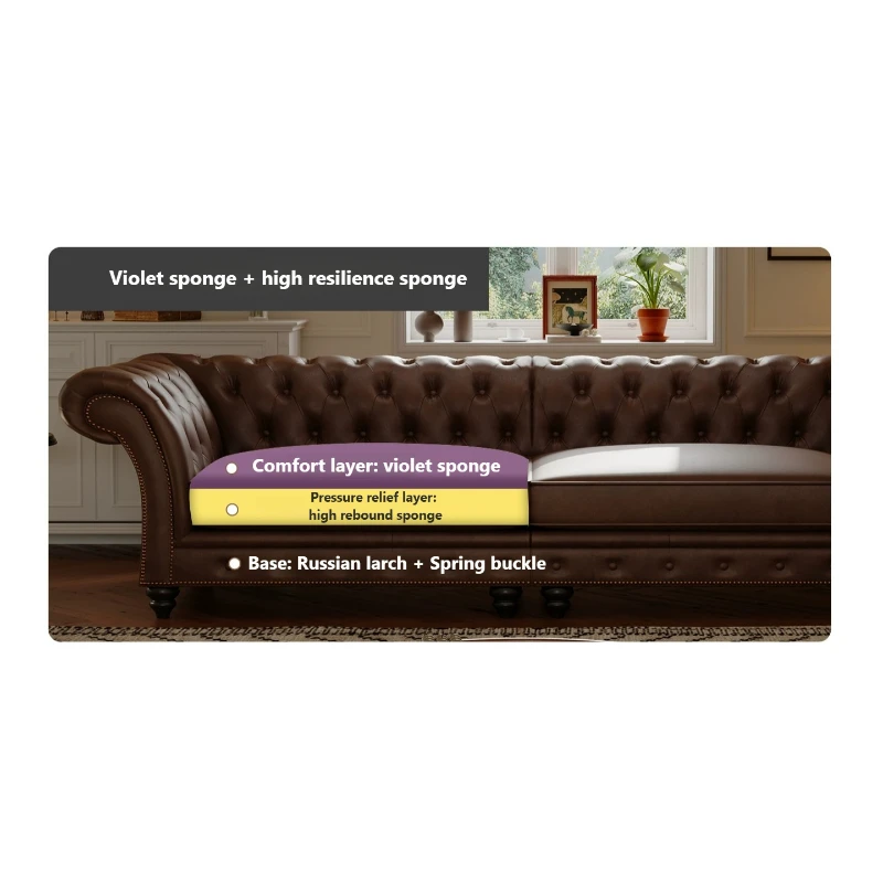 アメリカンヴィンテージストレートバックルソファ、カスタマイズ可能、本革/ワックスレザー/スノーフレークベルベット、カラマツ材フレーム、防水