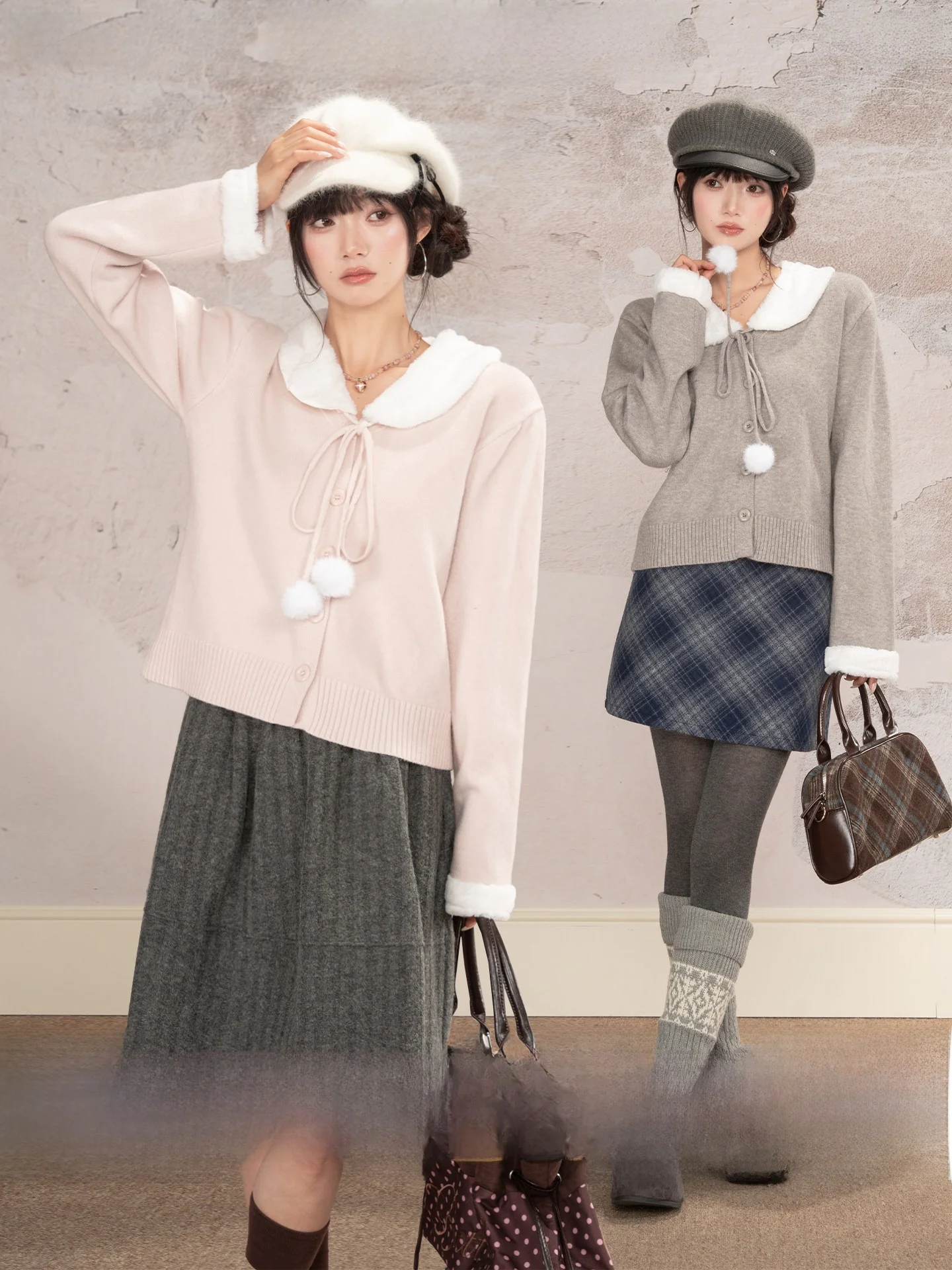 

Loveheynew Sweet Pink Bow Tie Furry Knit Cardigan Women's Winter Youthful Top Loose Fit Long Sve Regular Length Cardigan