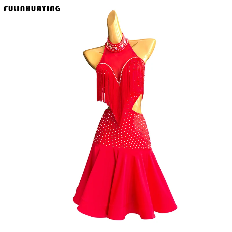 

Новое латинское танцевальное платье 2026 года для женщин, сексуальное бальное платье для улицы, красное платье с бахромой и стразами для вечеринок, вечернее платье