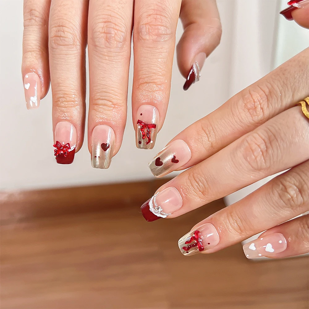 50pcs Autumn Winter Red Bow 3D Nail Charm Cute Resin Mix Shape Ribbon Bowknot Nail Art Rhinestone Bow tie Manicure Decoration