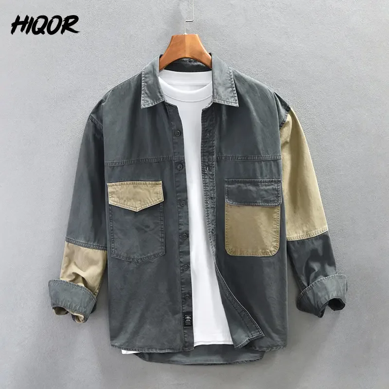 HIQOR-Camisa de manga larga con bolsillo tridimensional para hombre, chaqueta Y2K de algodón puro que combina con todo, nueva moda, primavera 2024