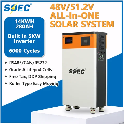 SOEC 14KWh Sistema tutto in uno Batteria al litio 48V 280AH Powewall da 51,2V Inverter MPPT integrato da 5KW con comunicazione BMS RS485/CAN