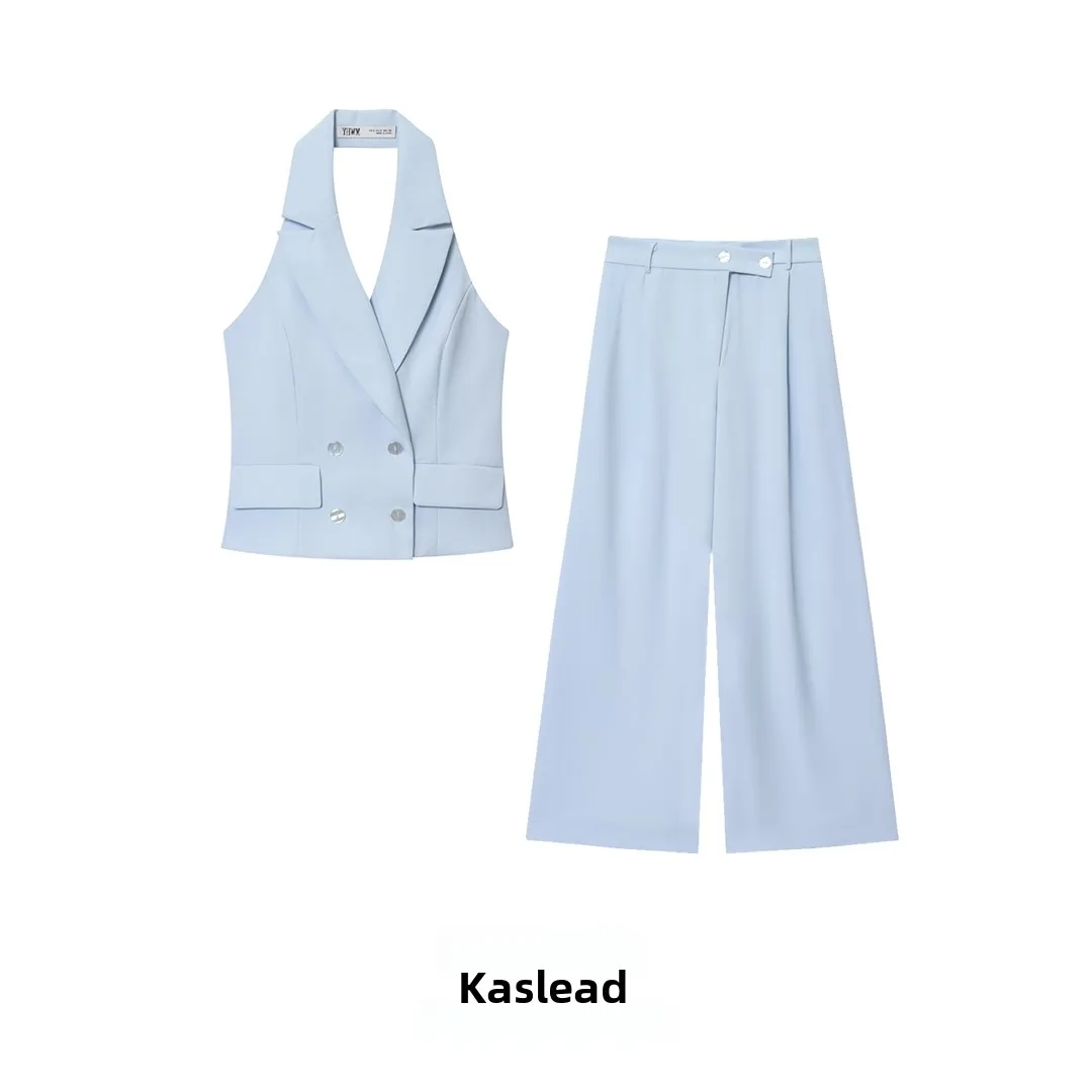 

KASLEAD Новый женский модный комплект с подвесным воротником, жилет с двойными лацканами, плиссированные брюки, европейские длинные брюки, осенняя коллекция