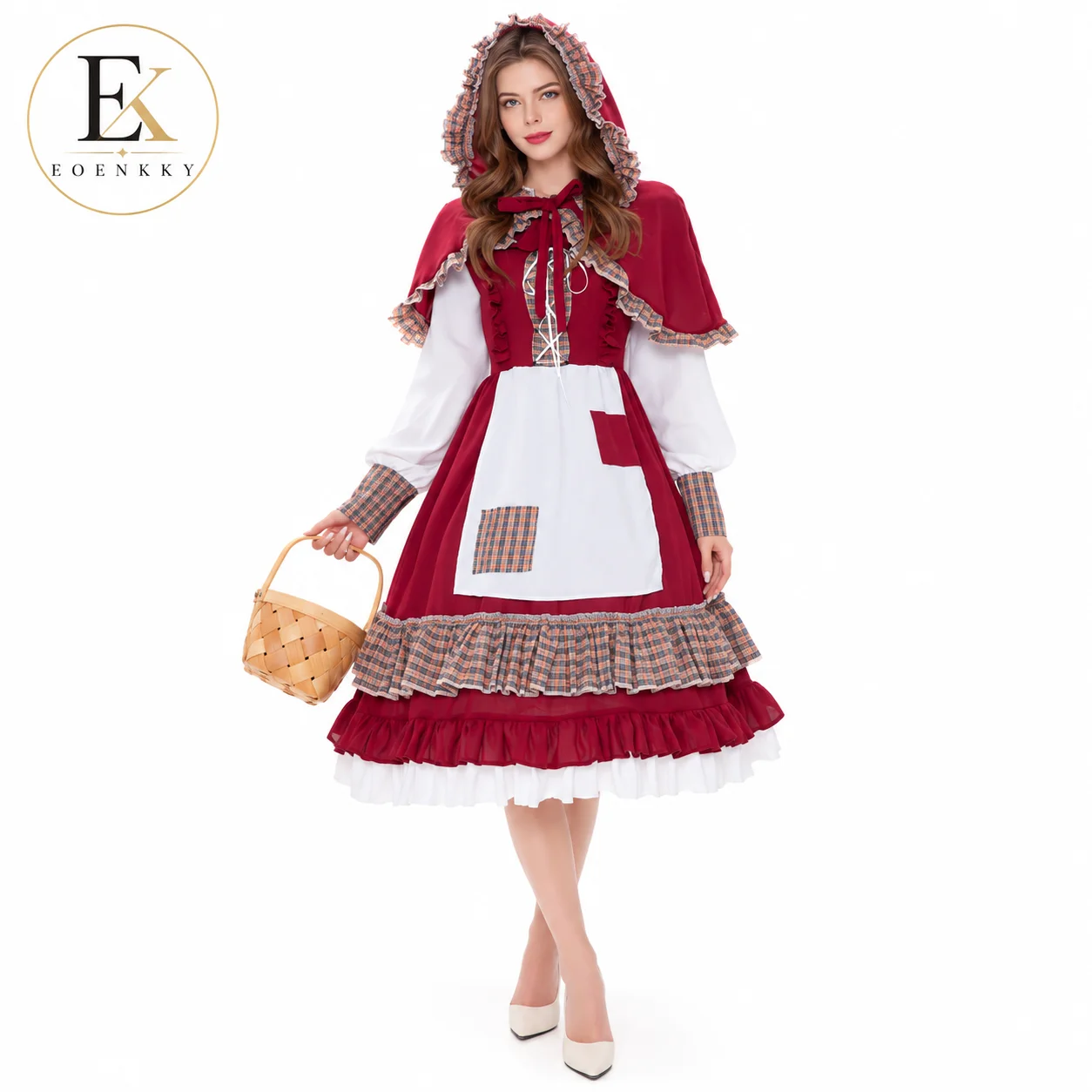 EOENKKY Women Little Red Riding Hood Costume Halloween Cosplay Dress Hooded Cape Maid Outfit Party Stage Performance