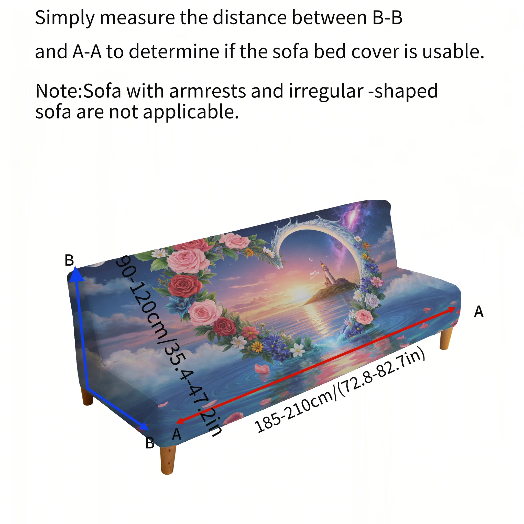 Armrest-free elastic printed sofa bed cover, living room home decoration, romantic sea view love pattern