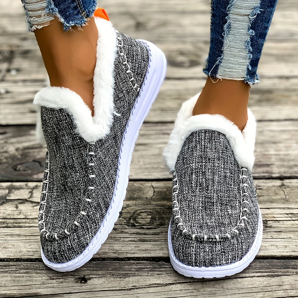 Women Winter Denim Fabric Fuzzy Fleece Lined Loafers Slip On Warm Moccasin Shoes Non Slip Wear-resistant Soft Sole Platform Casual Walking Ankle Snow Boots Comfort Thermal Flats for Daily Driving Outdoor Indoor Home Wear Multi Fashion Colors Available view 6