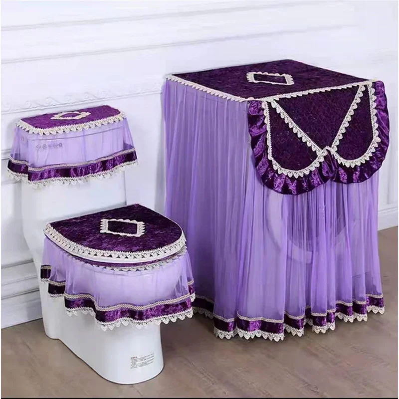 Lace Embroidered Toilet Three Piece Washing Machine Cover Home Decoration Velvet Toilet Cover Detachable Washing Machine Cover