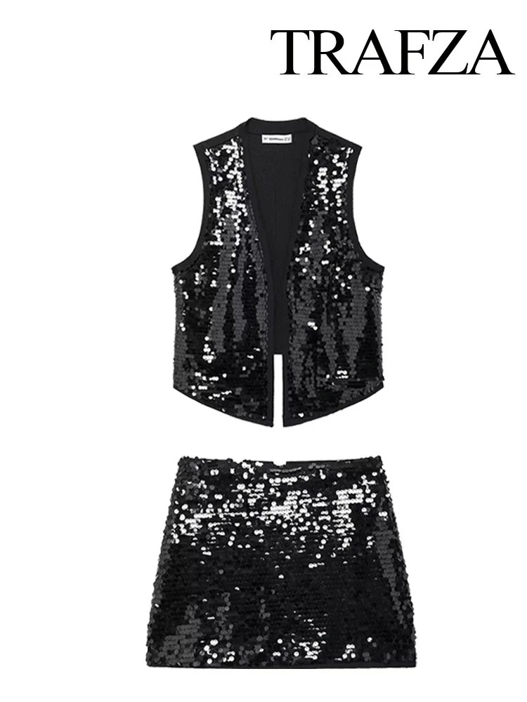 TRAFZA Women\'s Summer Chic Sequin Decorated Short Vest Streetwear + Sexy High Waist Back Zipper Women\'s Short Skirts 2 Color