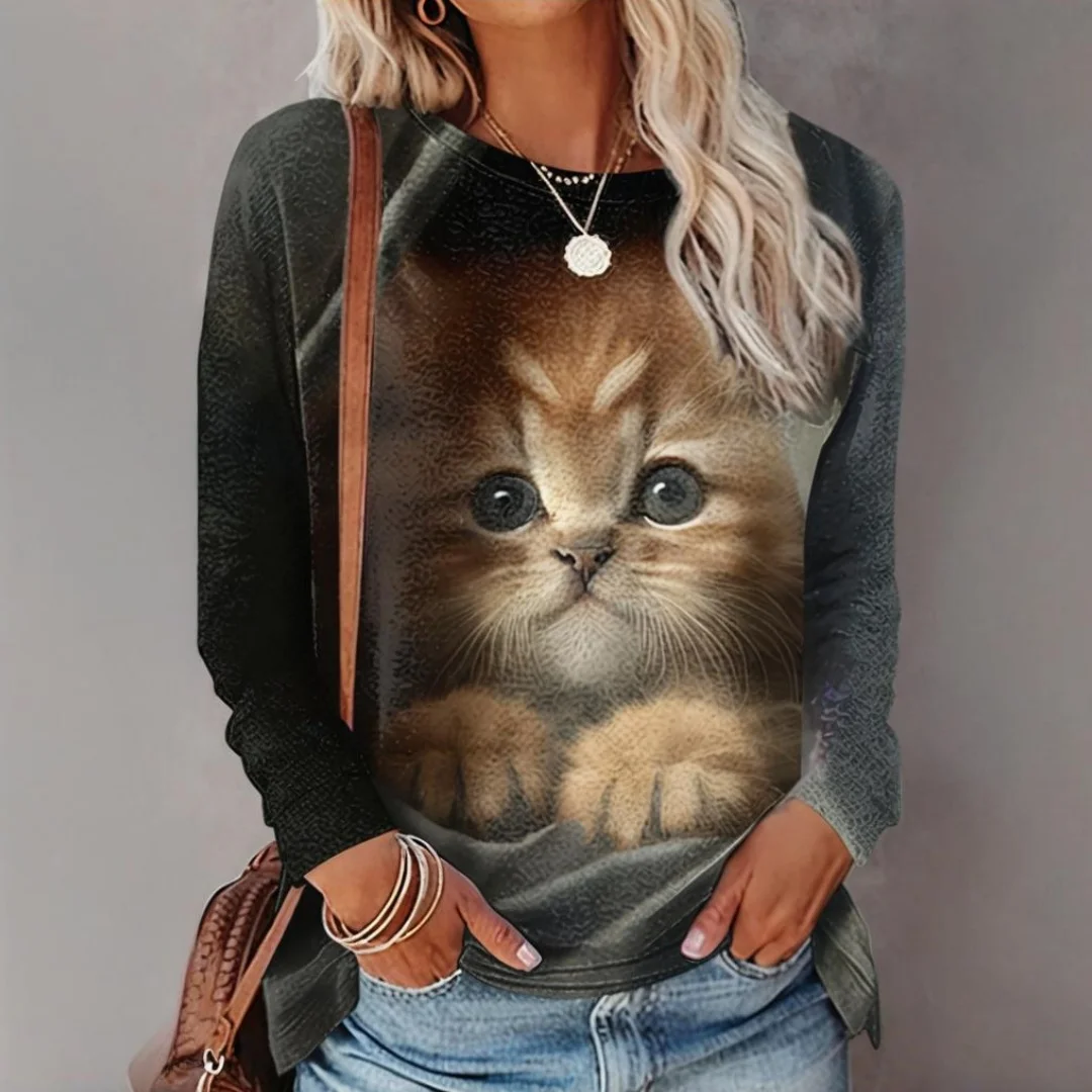 

3D Cat Women's Long Sleeve T-Shirt Outdoor Fashion T-Shirt Animal Print Four Seasons Women's Long Sleeve Clothing